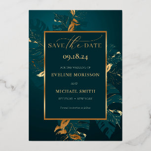 Invitation En Aluminium Émeraude verte monstera feuille d'or save the date