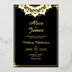 Invitation En Aluminium En-tête Mandala Élégant Mariage Noir Or Feuille