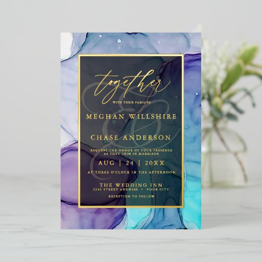 Invitation En Aluminium Encre Abstraite liquide Violet Aqua (Debout devant)