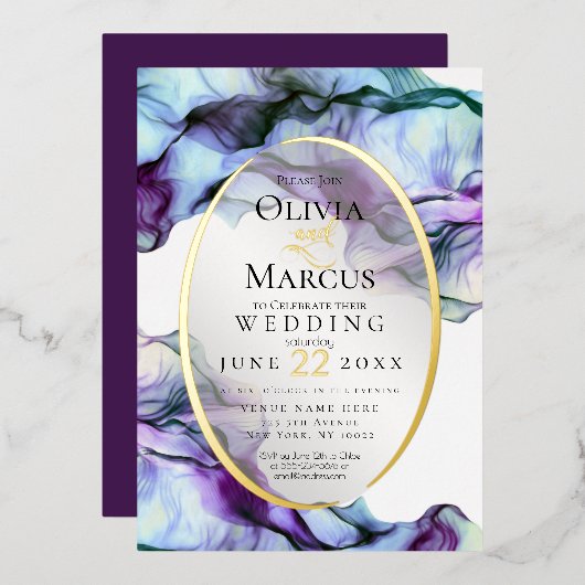 Invitation En Aluminium Encre Abstraite Plum Turquoise moderne (Recto/Verso)