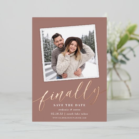 Invitation En Aluminium Enfin | Photo instantanée Enregistrer la date (Debout devant)