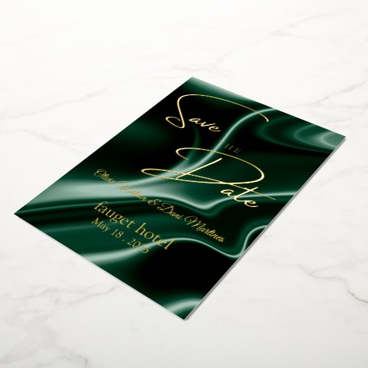Invitation En Aluminium enregistrer la date arrière - plan de soie vert ém (Rotation)