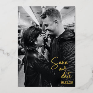 Invitation En Aluminium Enregistrer la date Full Photo Modern manuscrit Or