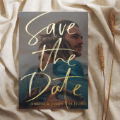 Invitation En Aluminium Enregistrer la date Gold Calligraphy Photo Foil