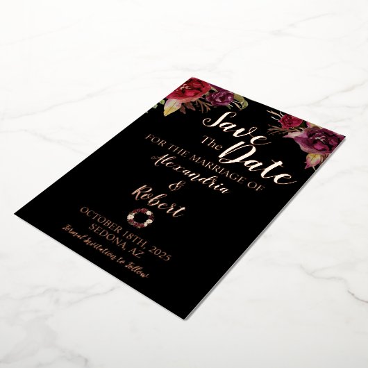 Invitation En Aluminium Enregistrer la date Mariage Fleurs Bourgogne Rose (Rotation)