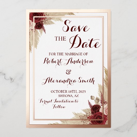 Invitation En Aluminium Enregistrer la date Mariage Pampas Grass Rose Gold (Recto)