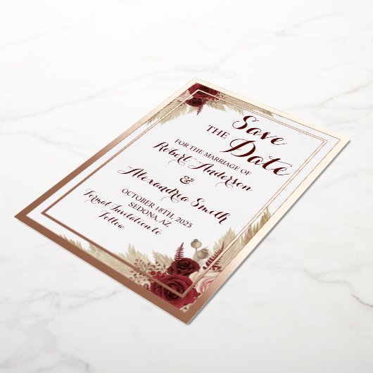Invitation En Aluminium Enregistrer la date Mariage Pampas Grass Rose Gold (Rotation)