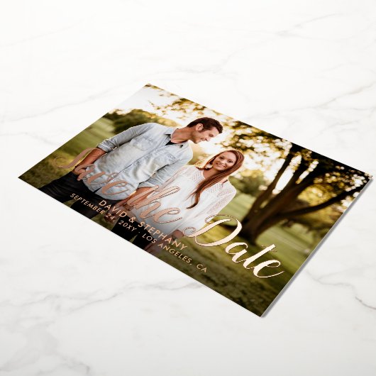 Invitation En Aluminium Enregistrer la date Photo moderne Simple Script Ro (Rotation)