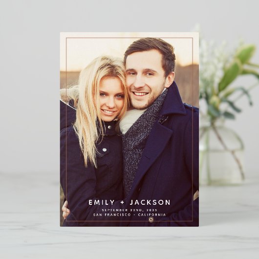 Invitation En Aluminium Enregistrer la date Photo Photo Rose Gold (Debout devant)