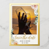 Invitation En Aluminium Enregistrer la date Photo roses d'aquarelle luxueu (Recto)
