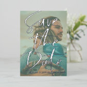 Invitation En Aluminium Enregistrer la date Real Silver Calligraphy Photo (Debout devant)