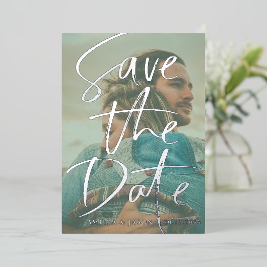 Invitation En Aluminium Enregistrer la date Real Silver Calligraphy Photo (Debout devant)