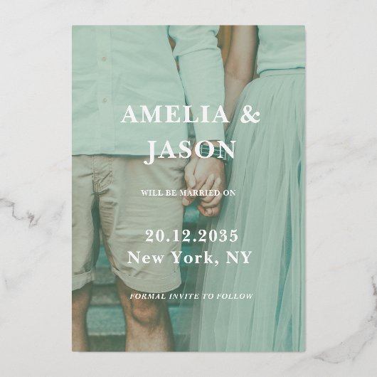 Invitation En Aluminium Enregistrer la date Real Silver Calligraphy Photo (Verso)