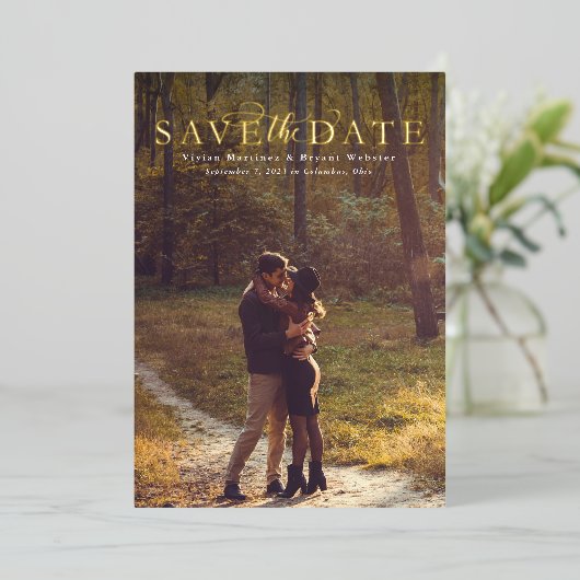 Invitation En Aluminium Enregistrer la date simple élégante verticale une (Debout devant)