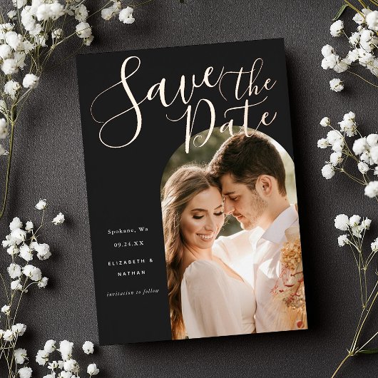 Invitation En Aluminium Enregistrer la date stylish Script Arch Frame Phot