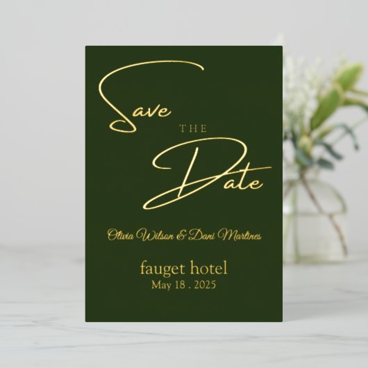 Invitation En Aluminium enregistrer la date verte élégante (Debout devant)