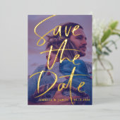 Invitation En Aluminium Enregistrer la photo Date Gold Calligraphy (Debout devant)