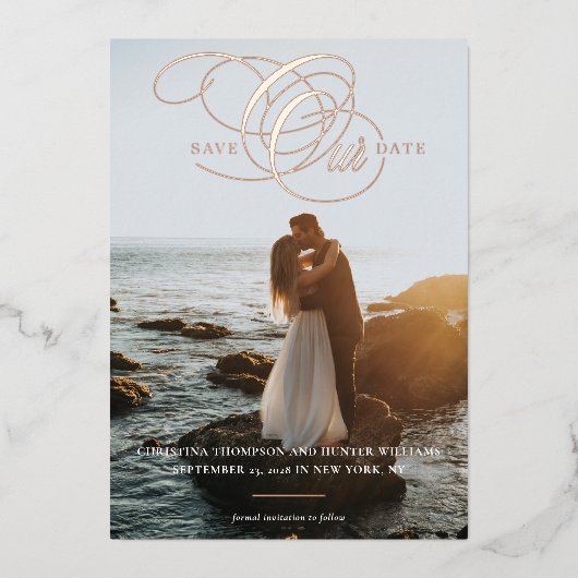 Invitation En Aluminium Enregistrer notre date Formal Script Photo Enregis (Recto)