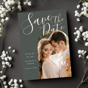 Invitation En Aluminium Enregistrez la Date Stylish Script Arch Frame Phot