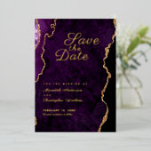 Invitation En Aluminium Épargne de date agate violet pailleté or (Debout devant)