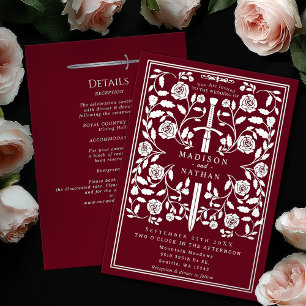 Invitation En Aluminium Épée de mariage médiéval argent royal rouge détail