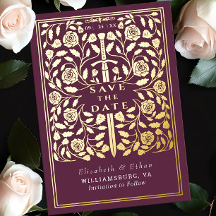 Invitation En Aluminium Épée médiévale royale mauve Enregistrer la date de