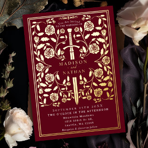 Invitation En Aluminium Épée Royale Médiévale de Mariage Rouge