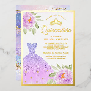 Invitation En Aluminium Éperche Gown Lilac Violet Floral Quinceanera Or