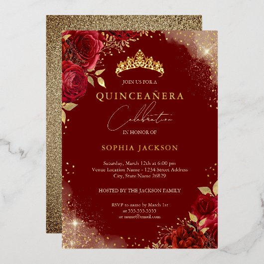 Invitation En Aluminium Éperche Or Rose rouge Tiara Quinceanera (Recto/Verso)