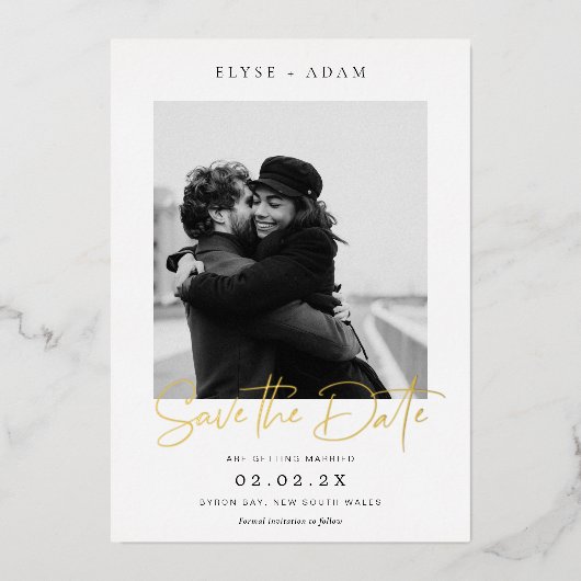 Invitation En Aluminium Estelle Photo Enregistrer La Date Feuille D'or (Recto)