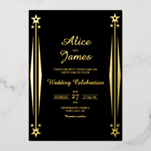 Invitation En Aluminium Étoile Art Déco Élégant Mariage Noir Or Feuille