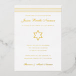 Invitation En Aluminium Étoile Bat mitzvah à rayures traditionnelle de Dav<br><div class="desc">Vous avez le choix entre de la feuille d'or, de l'or rose ou de la feuille d'argent. La couleur Arrière - plan est personnalisable. Si vous le souhaitez, ajoutez une photo à l'arrière. Si vous souhaitez supprimer du texte du calque de feuille, entrez l'éditeur et coupez et collez ces calques...</div>