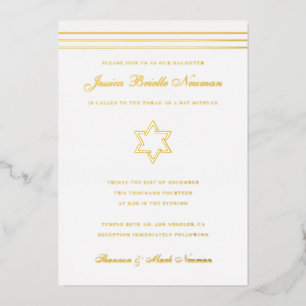 Invitation En Aluminium Étoile de David or rayure traditionnelle pour Bat 