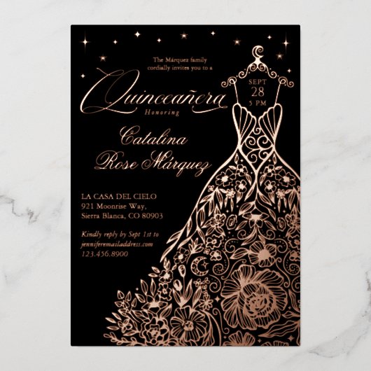Invitation En Aluminium Étoiles célestes de la lune noire Floral Quinceañe (Recto)