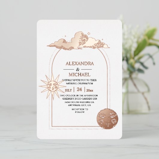 Invitation En Aluminium Étoiles célestes en or noir mystique Mariage Foil (Debout devant)