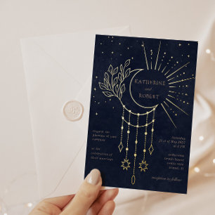 Invitation En Aluminium Étoiles de Lune en Or de Minuit Céleste Mariage