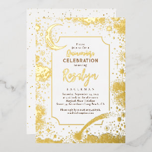 Invitation En Aluminium Étoiles d'or céleste et lune Nuit Quinceanera