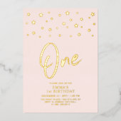 Invitation En Aluminium Étoiles d'or | Pink One 1ère fête d'anniversaire (Recto)