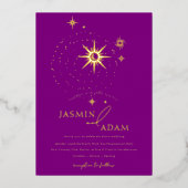 Invitation En Aluminium Étoiles violettes céleste et Mariage or (Recto)