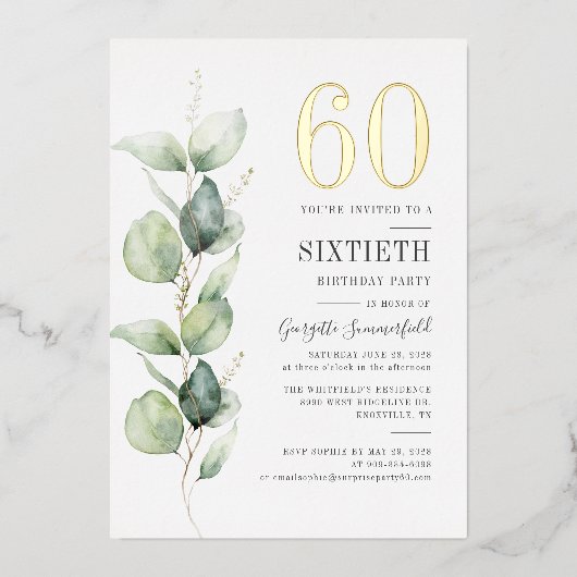 Invitation En Aluminium Eucalyptus 60e Anniversaire Verdure Aquarelle Or (Recto)
