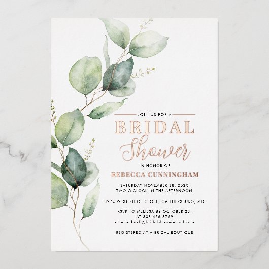 Invitation En Aluminium Eucalyptus Aquarelle Script Mariage Doré (Recto)