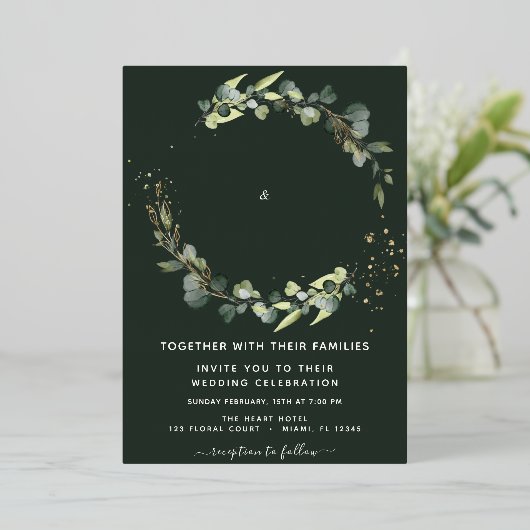 Invitation En Aluminium Eucalyptus Arrière - plan vert Mariage vert (Debout devant)