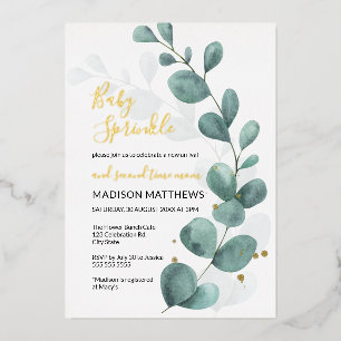 Invitation En Aluminium Eucalyptus Baby Sprinkle Green & Gold Foil Inv