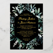 Invitation En Aluminium Eucalyptus Black And Gold Foil Pressed Wedding  (Recto)