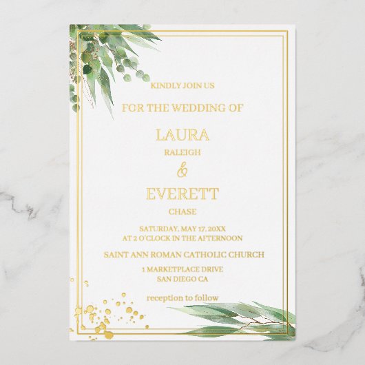 Invitation En Aluminium Eucalyptus Cadre Vert Or Feuillage Aquarelle (Recto)
