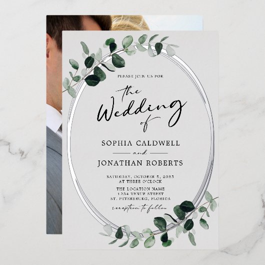 Invitation En Aluminium Eucalyptus Calligraphie Mariage photo Argent (Recto/Verso)