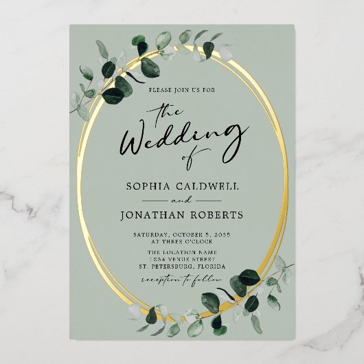 Invitation En Aluminium Éucalyptus Calligraphie Sage tout en un Mariage (Recto)