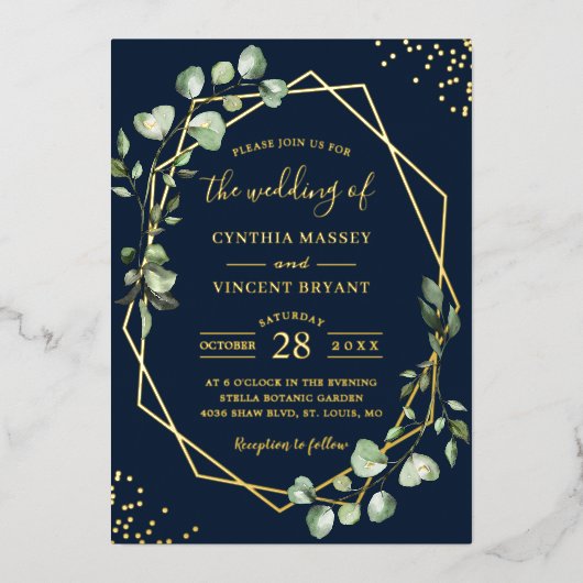 Invitation En Aluminium Eucalyptus Feuille géométrique Modeste or Mariage (Recto)