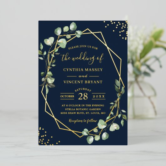 Invitation En Aluminium Eucalyptus Feuille géométrique Modeste or Mariage (Debout devant)