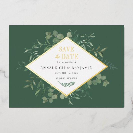 Invitation En Aluminium Eucalyptus Green Save the Date Gold (Recto)